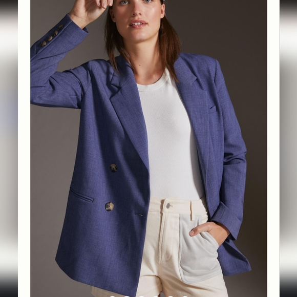 Anthropology MauveNavy double breasted button blazer welt pockets Size 10 - Picture 3 of 16
